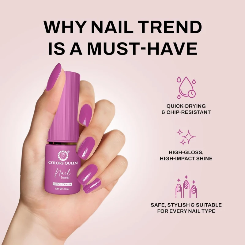 Click to see full view  Ask Rufus  What colours does it come in?   Does it chip easily?   Is it vegan?   Ask something else Colors Queen Nail Trend Glossy Nail Polish | Chip Resisting & Quick Drying Nail Paint with High Shine | 7 Toxin Free Formula | Vegan & Cruelty Free | Long Lasting & Vibrant Nail Paint for Women ( Professor Purple, 13ml) - Thumbnail 2
